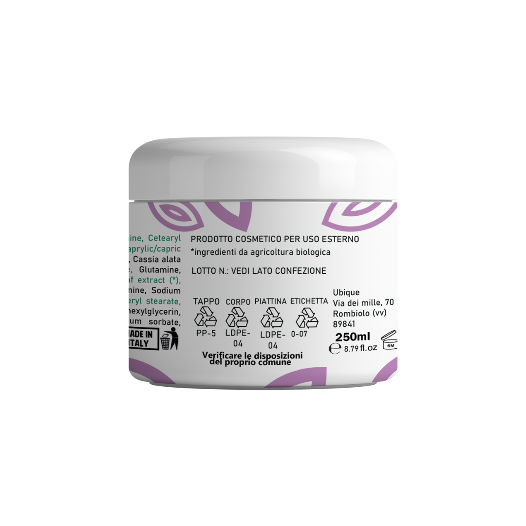 Retro della confezione. Maschera all' acido ialuronico per capelli spenti e sfibrati, formulata con ingredienti di origine naturale
