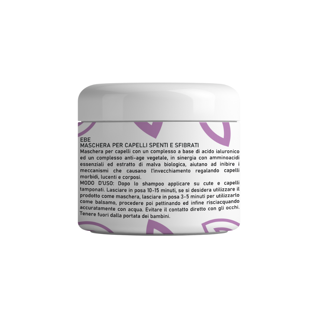 Retro della confezione. Maschera all' acido ialuronico per capelli spenti e sfibrati, formulata con ingredienti di origine naturale
